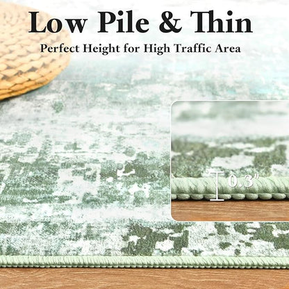 Washable Abstract Runner Rug, 2x6 Modern Area Rugs with Non-Slip Rubber Backed for Kitchen, Thin but Soft Contemporary Carpet Bedroom Entryway Hallway Decor, Green