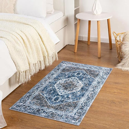KOZYFLY Small Area Rug 2x3 Ft Rugs for Entryway Washable Boho Entry Rug Non Slip Door Mat Indoor Entrance Blue Printed Faux Wool Vintage Printed Kitchen Rug Throw Rugs for Entrance Kitchen Bathroom