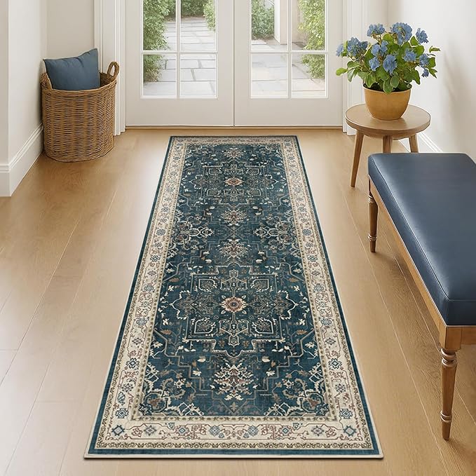 Farmhouse Entryway Rugs 2x6, Low Pile Kitchen Runners Washable Non Slip, Distressed Medallion Printed Carpet Runners for Hallway/Bathroom/Bedroom Bedside/Laundry Room, Deep Blue/Multi