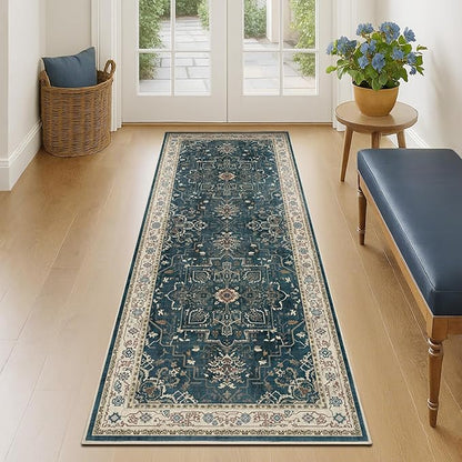 Farmhouse Entryway Rugs 2x6, Low Pile Kitchen Runners Washable Non Slip, Distressed Medallion Printed Carpet Runners for Hallway/Bathroom/Bedroom Bedside/Laundry Room, Deep Blue/Multi