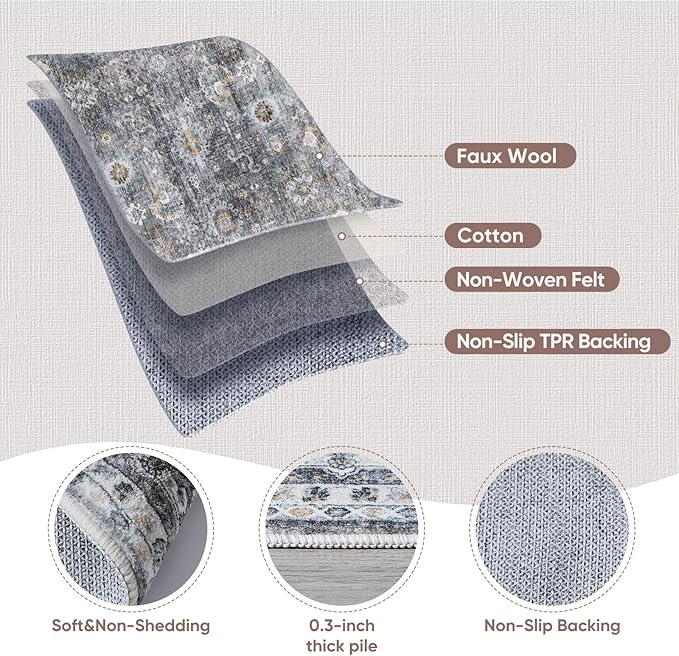 Rugcomf 8x10 Rug Washable Boho Soft Large Area Rug Non-Slip Faux Wool Vintage Rug for Living Room, Farmhouse, Dining Room, Indoor, Kids Playroom (Grey)