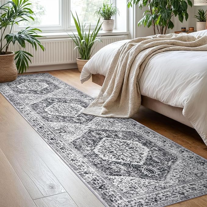 KOZYFLY Runners for Hallways 2x8 Ft Washable Kitchen Runner Rug Boho Runner Rug for Entryway Indoor Printed Faux Floor Carpet Runner for Bedroom Kitchen Hall, Grey