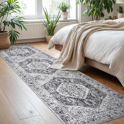 KOZYFLY Runners for Hallways 2x8 Ft Washable Kitchen Runner Rug Boho Runner Rug for Entryway Indoor Printed Faux Floor Carpet Runner for Bedroom Kitchen Hall, Grey