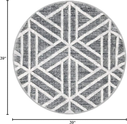 Rugs.com Lattice Trellis Collection Rug – 3 Ft Round Gray Low-Pile Rug Perfect for Kitchens, Dining Rooms