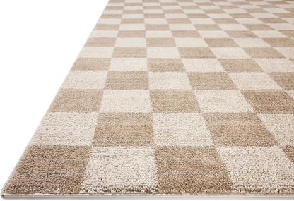Loloi Chris Loves Julia Calvin Collection CLV-01 Pebble/Ivory 6'-3" x 9'-6" Area Rug Checkered Neutral Soft Living Room Bedroom Carpet