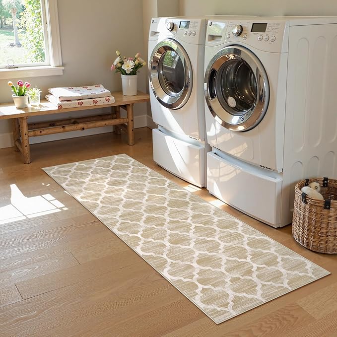 Lahome Moroccan Washable Kitchen Runner Rug - 2x6 Runners for Hallways with Rubber Backing Throw Soft Non-Slip Laundry Room Rug Taupe Print Distressed Modern Carpet Runner for Bathroom Bedroom