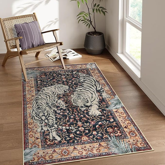 Moynesa Tiger Machine Washable Rug, 3 x 5 Entryway Area Rug Non Slip Vintage Soft Rug for Living Room, Ultra Thin Boho Stain Resistant Kitchen Throw Mat for Entrance Bedside, Puce Red