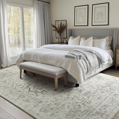Large Farmhouse Area Rugs 9x12 for Living Room, Distressed Medallion Printed Big Carpet Rugs for Bedroom Under Bed, Washable Non Slip Low Pile Thin Rugs for Dining Room, Off White/Grey