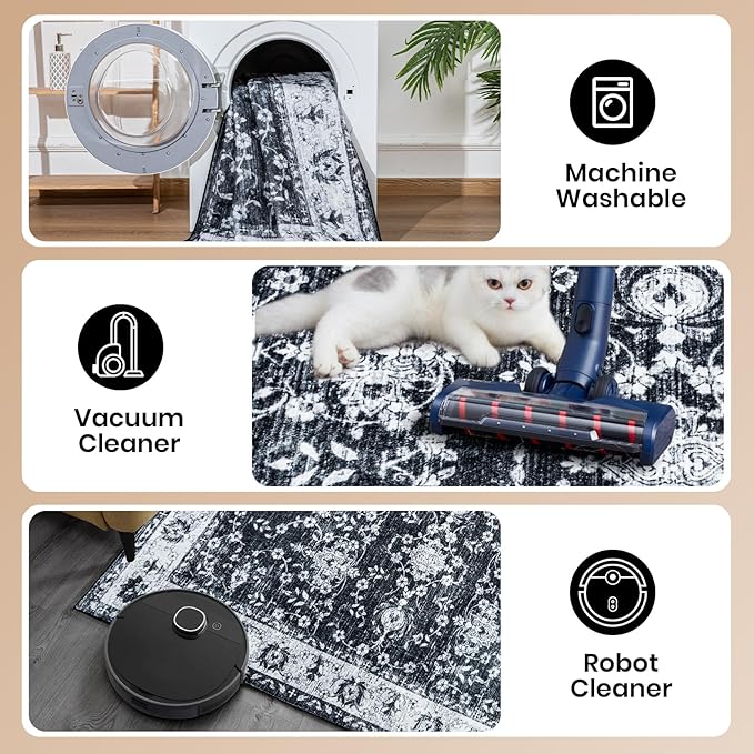 Area Rug for Living Room, 8x10 Machine Washable Non Slip Large Faux Wool Throw Rug, 0.3″ Low Pile & Non-Shedding Boho Large Carpet Rugs for for Dining Room, Bedroom, Office (Black White)