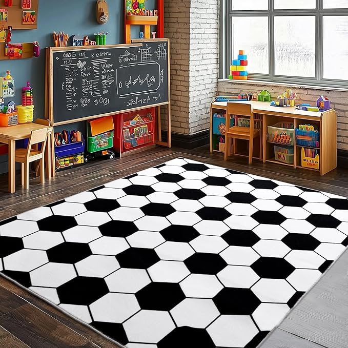 Soft Soccer Rugs for Bedroom, Machine Washable, Cute Bedside Boys Area Rug for Kids Toddlers Teens, Soccer Lovers Home Decor Indoor Carpet for Living Room, Dorms, Nursery, 5x7 FT