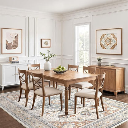 8x10 Area Rugs Living Room: Washable Boho Large Neutral Vintage Soft Rug Stain Resistant Distressed Farmhouse Non-Slip Indoor Floor Carpet for Bedroom Nursery Kids Office Dining Room- Beige Blue