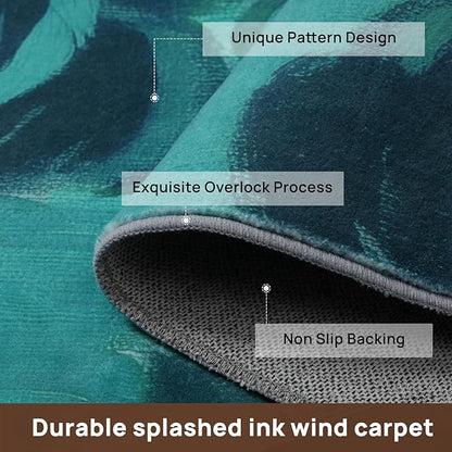 6x9 Camellia Floral Rugs, Modern Washable Flower Pattern Area Rug for Bedroom, Soft Large Non-Slip Kitchen Carpet Floor Door Mat for Living Room Dining Room Office - Teal
