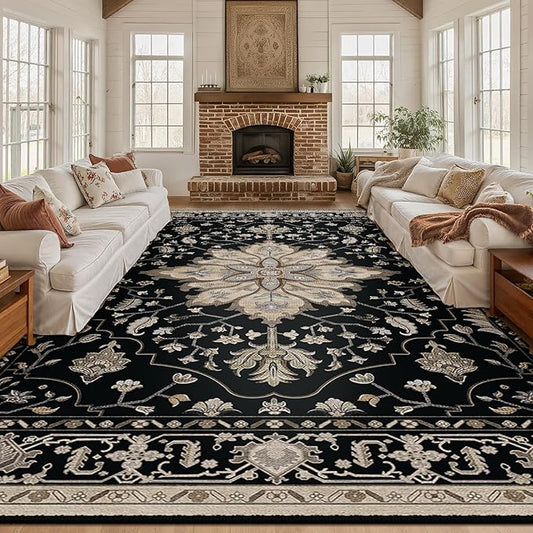 Area Rugs 10'x12' Washable Non-Slip, Floral Vintage Distress Print Pattern Medallion Carpet for Living Room Bedroom Dining Room, Black Brown Neutral Dark Tan