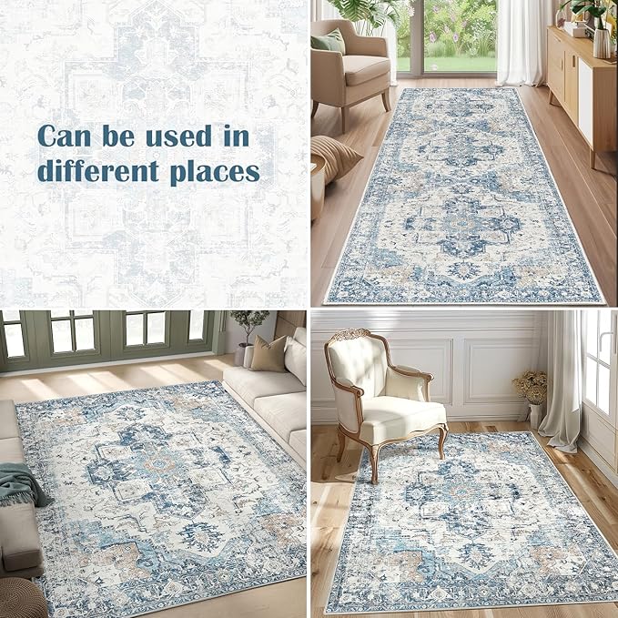 jinchan Kelda Runner Rug 3x10 Vintage Hallway Rug Washable Runner Retro Floor Cover Lightweight Non-Slip Low Pile Thin Distressed Carpet for Entryway Bathroom Laundry Room Bedroom Stairway Blue