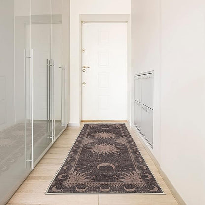 Ambesonne Sun and Moon Decorative Rug, Bohemian Artwork Design of Crescent Solar Ornament Esoteric Stars Ornaments, Quality Carpet for Bedroom Dorm and Living Room, 2' 5" x 7' 5", Warm Taupe