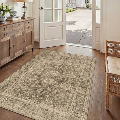 3x5 Washable Area Rug for Entryway Brown Vintage Non-Slip Low Pile Distressed Rustic Carpet Lightweight Vacuumable Door Mat Soft Small Door Mat Small Throw Rug for Entrance