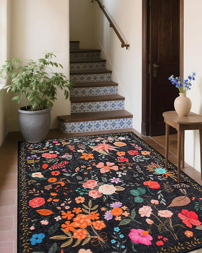 Area Rug 8x10, Washable Large Rugs for Living Room, Non Slip 0.27″ Low Pile Vintage Floral Large Carpet for Bedroom, Living Room, Dining Room, Kids Playroom (Black)