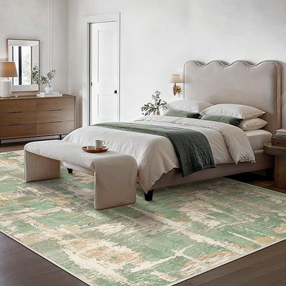 Washable Rug 8x10 Area Rug for Living Room Bedroom, Large Modern Abstract Rug Indoor Floor Carpets Low Pile No Shed Non-Slip with Rubber Backing Dining Room Kitchen Office (Green, 8'x10')