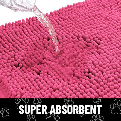 Smiry Dog Door Mat for Muddy Paws, Absorbent Dirt Trapper Non Slip Quick Dry Washable Chenille Mat for Mud Dogs, Entry Rug for Indoor and Outdoor (36x24 Inches, Hot Pink and White)