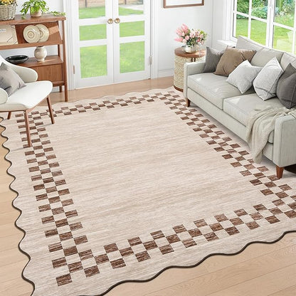 GarveeHome 4x6 Area Rug Small Washable Living Room Rug Scalloped Rug with Rubber Backing Stain Resistant Low Pile Dining Room Throw Carpet Modern Bordered Mat for Bedroom Kitchen, Beige