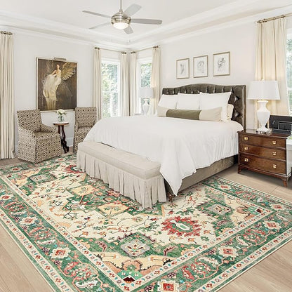 Area Rug 9x12 Washable Rug, Vintage Boho Medallion Rugs Non-Slip Soft Low Pile Large Distressed Rug Indoor Retro Carpet for Living Room Bedroom Dining Room Home Office (Green Beige, 9'x12')
