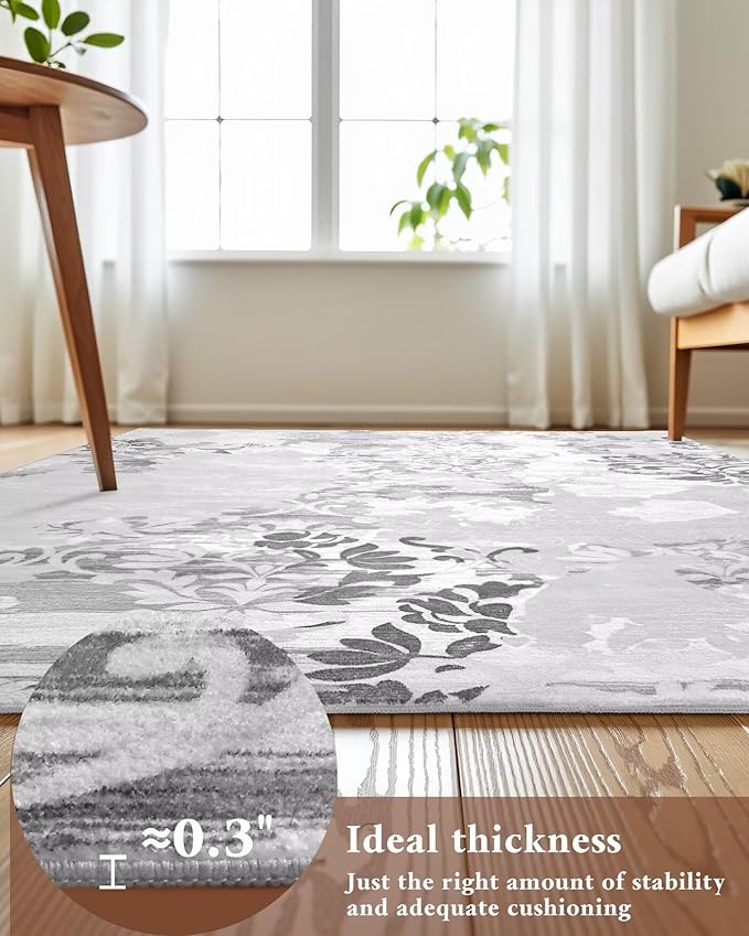 Washable Abstract Rug, 4x6 Classic Grey and White Floral Area Rugs with Non-Slip Rubber Backed for Bedroom, Low Pile Modern Throw Carpet Kitchen Living Room Decor