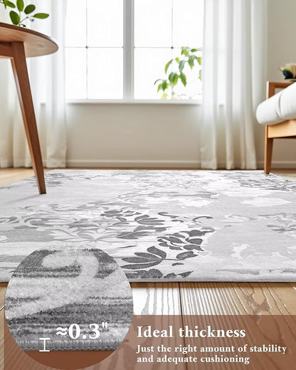Washable Abstract Rug, 8x10 Classic Grey and White Floral Area Rugs with Non-Slip Rubber Backed for Living Room, Low Pile Modern Throw Carpet Bedroom Dining Room Decor