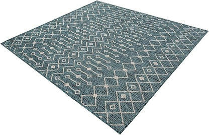 Unique Loom Outdoor Trellis Collection Area Rug - Tribal Trellis (6' 1" Square Teal/Ivory)