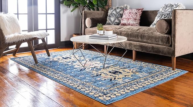 Unique Loom Taftan Collection Border Geometric Tribal Inspired Design Area Rug (5' 0 x 8' 0 Rectangular, Light Blue/ Gold)