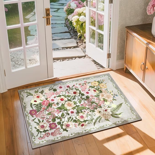 Door Mat Indoor Entrance 2x3 - Floral Rug Washable Small Area Rug Non-Slip Low Pile Rugs for Entryway, Kitchen, Bedroom, Entry - Grey
