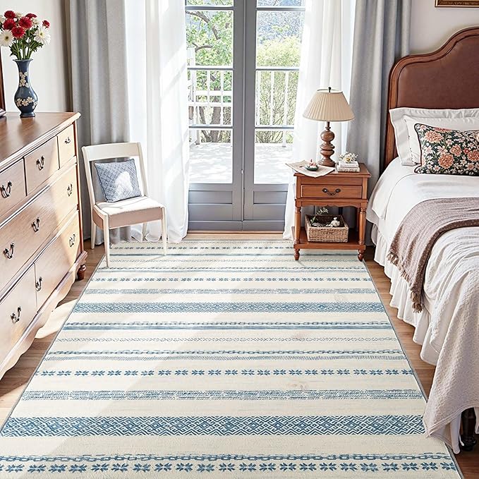 jinchan Moroccan Boho 5x7 Area Rugs for Bedroom - Machine Washable Soft Throw Rug Bohemian Ripple Design Non-Slip Carpet for Living Room Kitchen Dining Room Home Office (5‘x7', Blue)