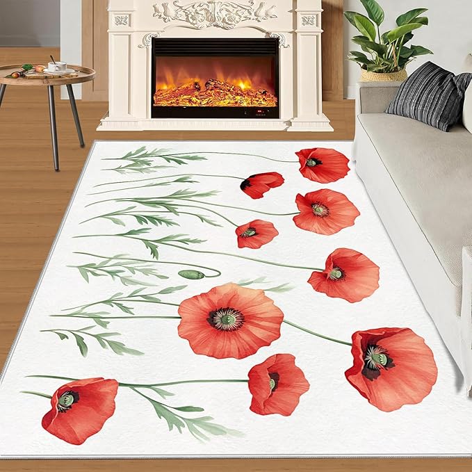 Little Red Flower Rugs for Bedroom - 5x8 Area Rug - Abstract 3D Flowers Rugs for Living Room, Modern Simple Art Rug, Non-Slip Washable Home Decor Carpet