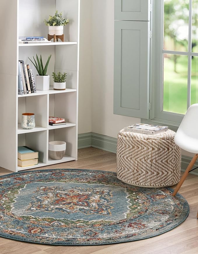 Unique Loom Isabella Collection Area Rug - Rossellini (7' 10" Round, Blue/ Beige)