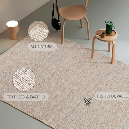 Hand Woven Jute Cotton Area Rug 5'x8' ft Rectangle Natural Farmhouse Rug for Living Room, Bedroom Kitchen - Rustic Vintage Bohemian Eco-Friendly Carpet Home Décor 60"x96" Natural