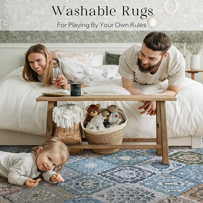 Phantoscope Washable Area Rug 6'x9' Non-Slip, Vintage Boho Rugs for Living Room, Bedroom, Dining Room, Distressed Moroccan Mosaic Diamond Pattern, Low-Pile Foldable Floor Carpet, Blue Teal/Neutral