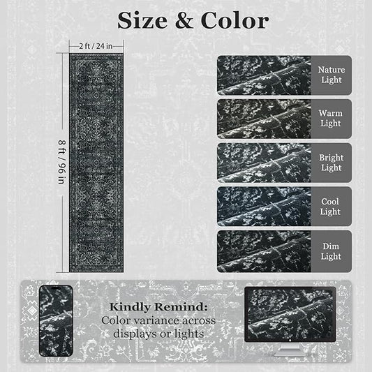 Black White 2x8 Kitchen Runner Rug, Washable Non Slip Hallway Entryway Runner Indoor, Low Pile Vintage Medallion Distressed Carpet Runners 8ft for Bedroom Bedside/Laundry Room/Bathroom