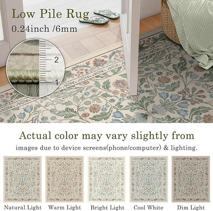 Beige Floral 5x7 Area Rugs for Living Room Large Washable Rug Vintage Forest Low Pile Non Slip Stain Resistance Soft Carpet for Dining Room, Bedroom, Office Rug, Kids Room, Nursery Room, Playroom