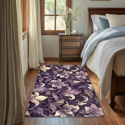 Purple Luxury Floral Texture Rug for Living Room 3x5, Low Pile Non-Slip Backing, Machine Washable Easy Fold Rug for Home, Office, Dorm Room