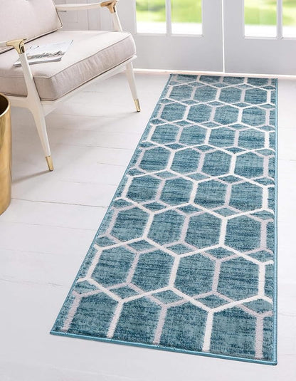Rugs.com Lattice Trellis Collection Rug – 10 Ft Runner Blue Low-Pile Rug Perfect for Hallways, Entryways