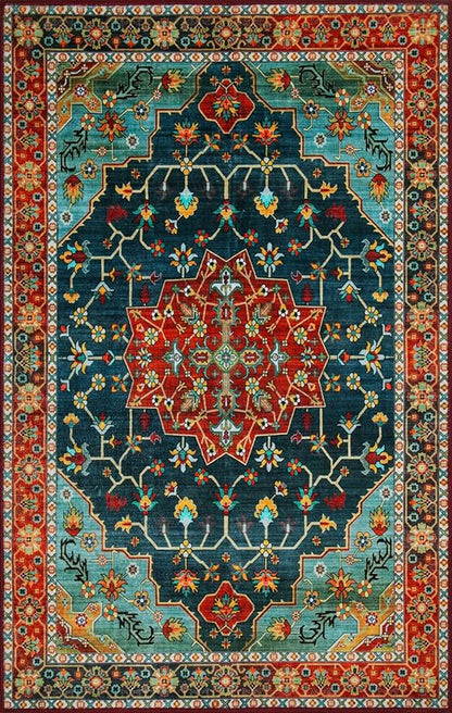 WILLSUN Washable Area Rugs, 9x12 Non-Slip Boho Large Area Rugs for Living Room, Bedroom, Machine Washable Vintage Rug, Indoor Floral Print Carpet for Home Decor, Kid & Pet Friendly Mat