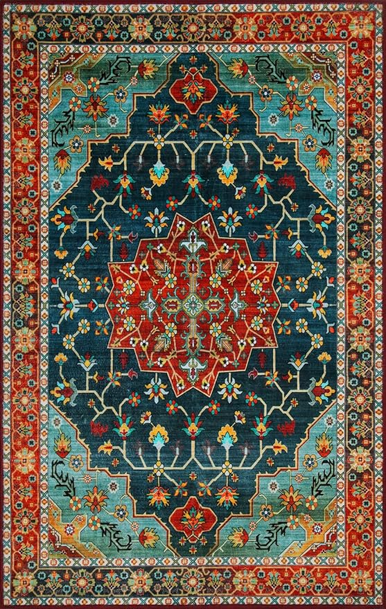 WILLSUN Washable Area Rugs, 2x3 Non-Slip Boho Small Area Rugs for Entryway, Kitchen, Bathroom, Machine Washable Vintage Rug, Indoor Floral Print Carpet for Home Decor, Kid & Pet Friendly Mat