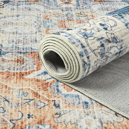 Area Rugs 4x6, Low Pile Washable Rugs, Soft Vintage Distressed Rugs for Bedroom, Living Room, Dining Room, Water Repellent, Non Shedding, Blue and Orange