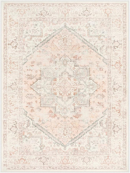 LIVEBOX Washable 9x12 Area Rug, Large Rugs for Living Room Boho Soft Non-Slip Rugs, Pink Low-Pile Vintage Medallion Rug, Retro Non-Shedding Indoor Carpet for Dining Room Bedroom Office