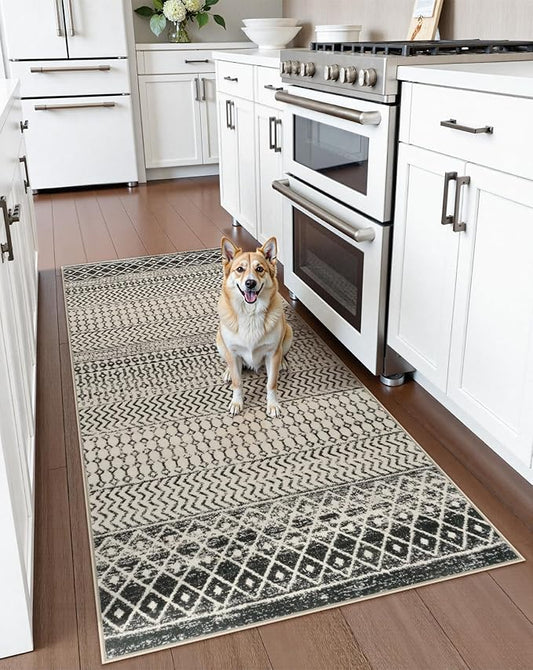 Moroccan Rug Runners for Hallways, 2x5 Ultra Soft Non-Slip Washable Rugs for Bedroom, Low Pile Distressed Black Rug Carpet Runner for Entryway Kitchen Bedroom Laundry Room
