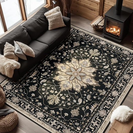 Area Rugs 7'x9' Washable Non-Slip, Floral Vintage Distress Print Pattern Medallion Carpet for Living Room Bedroom Dining Room, Black Brown Neutral Dark Tan