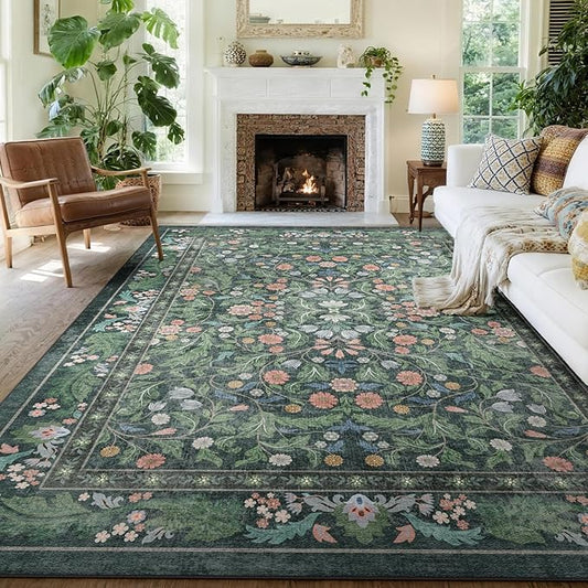 Green Floral 8x10 Area Rugs for Living Room Large Washable Rug Vintage Forest Low Pile Non Slip Stain Resistance Soft Carpet for Dining Room, Bedroom, Office Rug, Kids Room, Nursery Room, Playroom
