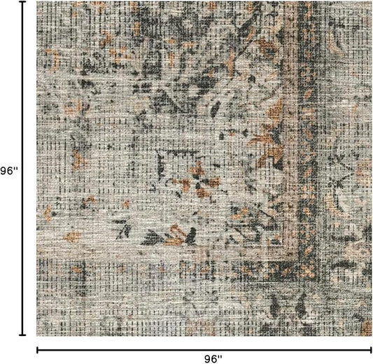 RUGGABLE Washable Vintage Area Rug – Sarrah Sage 8 ft Round, Stain-Resistant, Non-Slip – Large Machine Washable Rugs for Living Room, Bedroom, Hallway, Entryway & Office–with Cushioned Pad