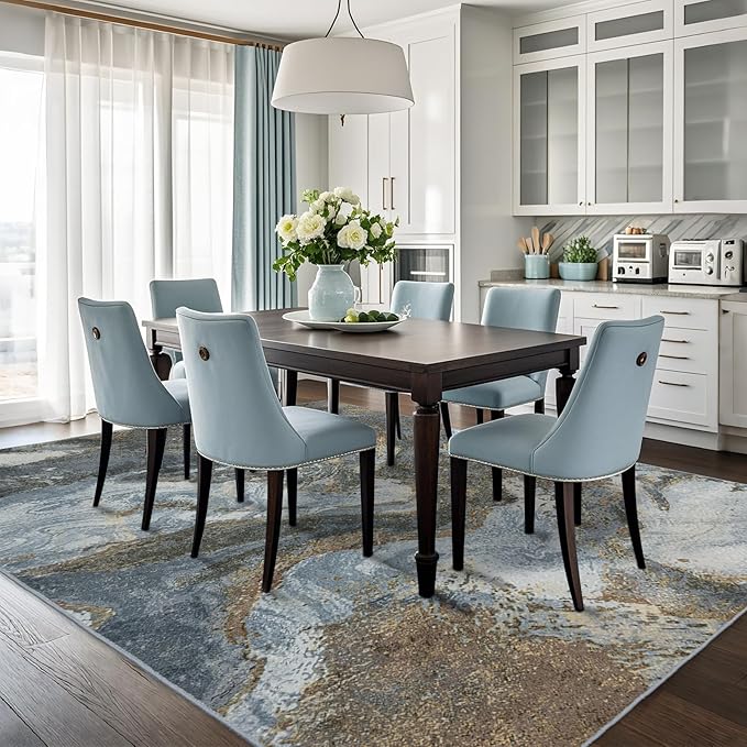 Modern Washable Rug for Living Room: Abstract 9x12 Area Rugs for Bedroom Low Pile Non Slip - Stain Resistant Carpet for Dining Room Indoor - Grey Gold