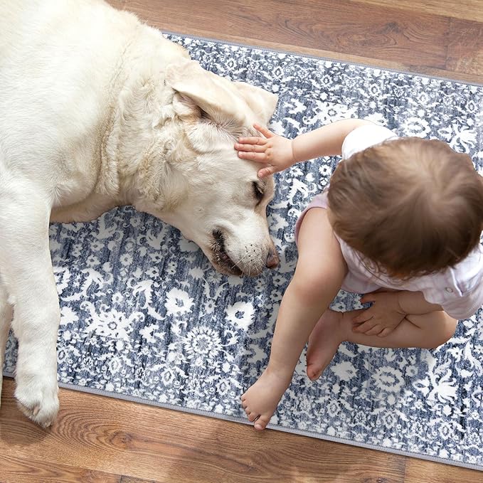 Vintage 4x6 Living Room Washable Rug, Light Blue White Non-Slip Soft Bedroom Area Rug Thin Printed Faux Wool Floor Super Soft Carpet Throw Rugs for Nursery Playroom Dining Room Office