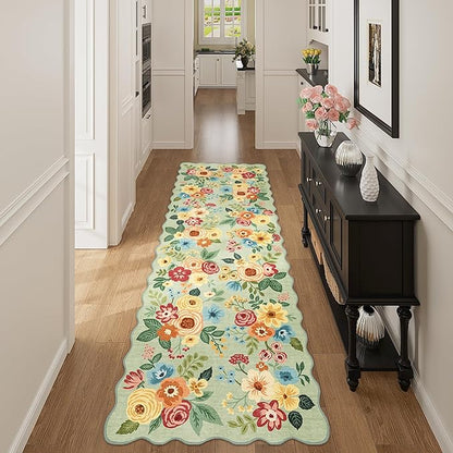 DUKINO 2x6 Runner Rug for Hallway, Washable Kitchen Rug with Non Slip Backing & Non-Shediing, Soft Low Pile Floral Design Runner for Bedroom, Kithchen, Living Room, Laundry, Bathroom, Green